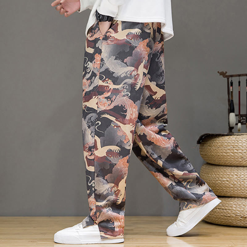 Nimara Ritual Spring Summer Casual Drawstring Crane Print Ankle Pants Men's Harem Pants With Pockets