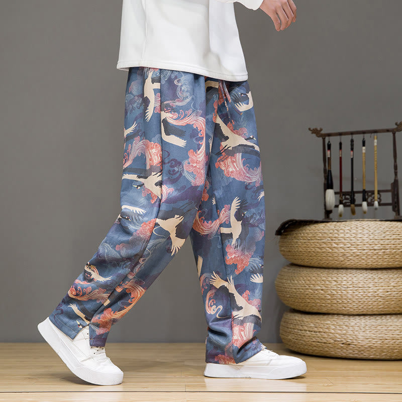 Nimara Ritual Spring Summer Casual Drawstring Crane Print Ankle Pants Men's Harem Pants With Pockets