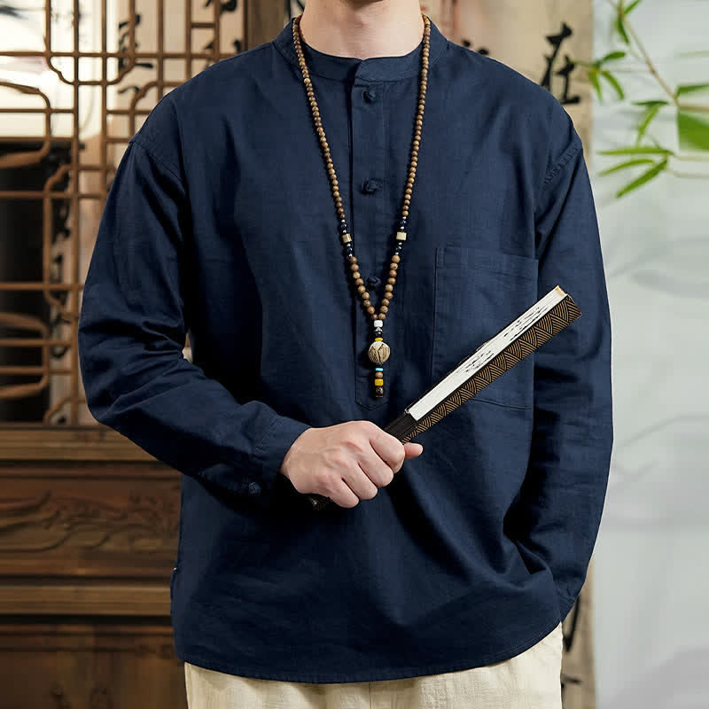 Nimara Ritual Spring Tang Style Minimalist Mandarin Collar Solid Linen Cotton Men's Long Sleeve Shirts With Patch Pocket