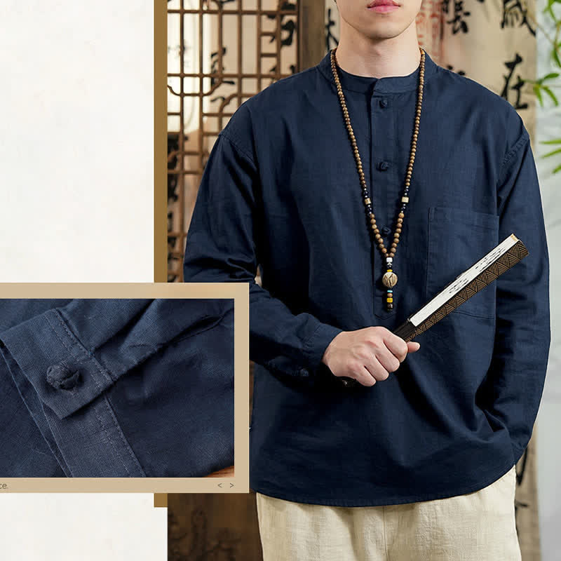 Nimara Ritual Spring Tang Style Minimalist Mandarin Collar Solid Linen Cotton Men's Long Sleeve Shirts With Patch Pocket