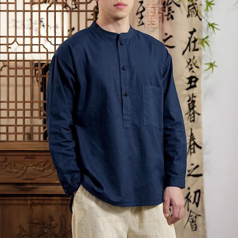 Nimara Ritual Spring Tang Style Minimalist Mandarin Collar Solid Linen Cotton Men's Long Sleeve Shirts With Patch Pocket