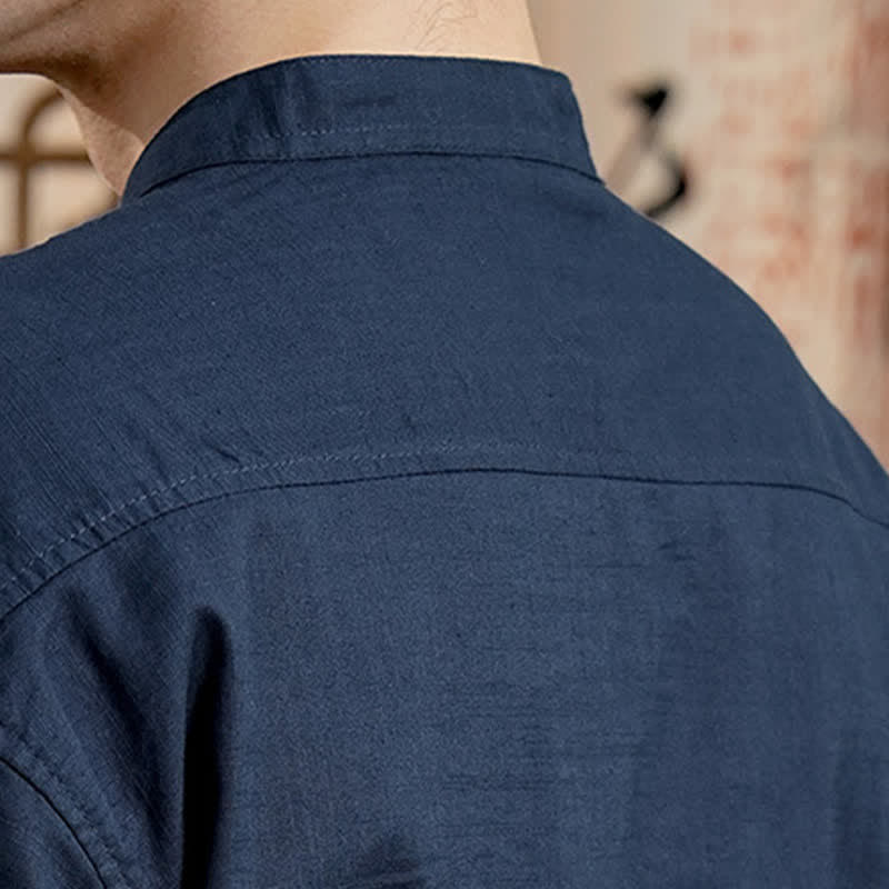 Nimara Ritual Spring Tang Style Minimalist Mandarin Collar Solid Linen Cotton Men's Long Sleeve Shirts With Patch Pocket