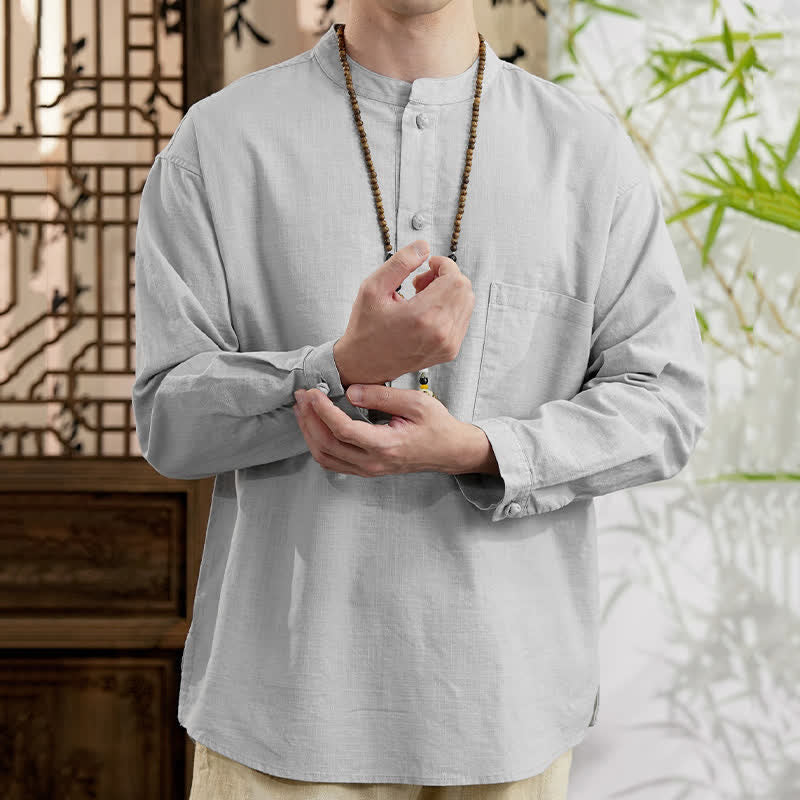 Nimara Ritual Spring Tang Style Minimalist Mandarin Collar Solid Linen Cotton Men's Long Sleeve Shirts With Patch Pocket