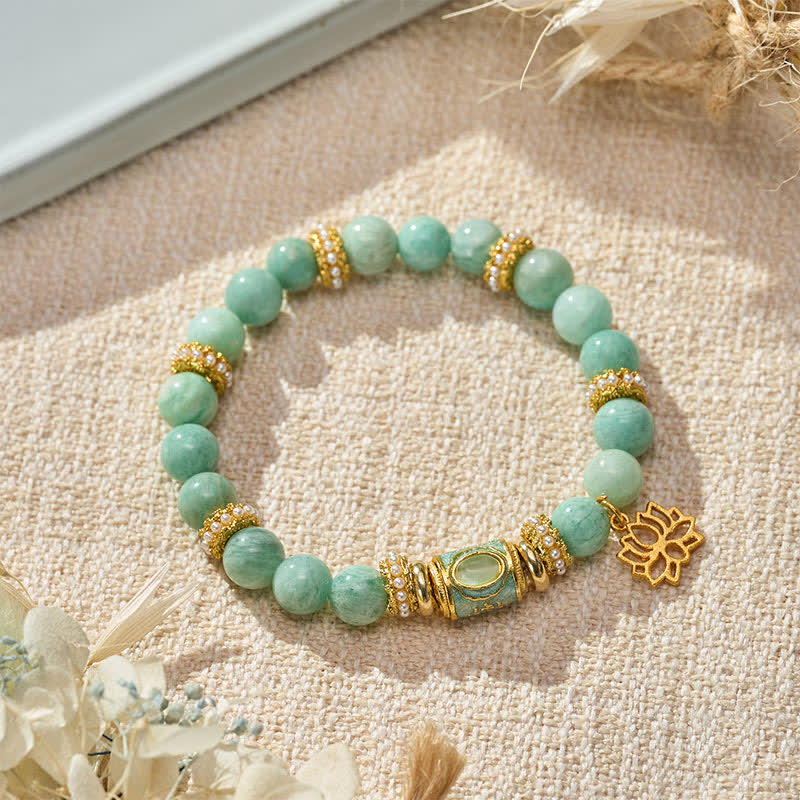 Nimara Ritual Amazonite Enamel Barrel Bead Lotus Pendant Love Hand Polished Round Bead Bracelet