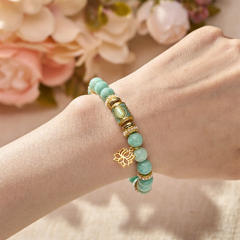 Nimara Ritual Amazonite Enamel Barrel Bead Lotus Pendant Love Hand Polished Round Bead Bracelet