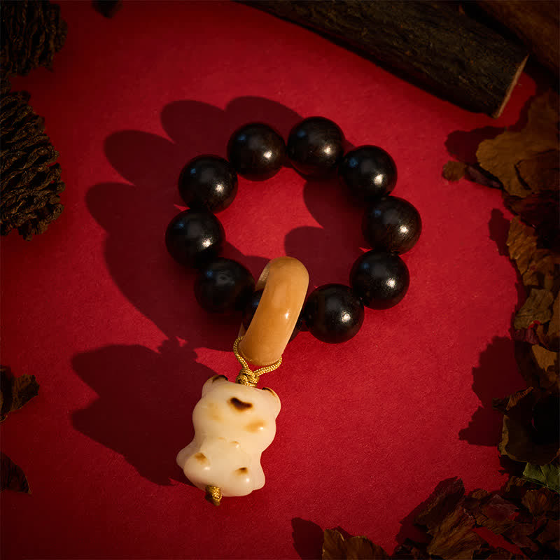 Nimara Ritual Ebony Wood Charcoal-Grilled Cat & Bear Balance Tactile Meditation Beads Decorations