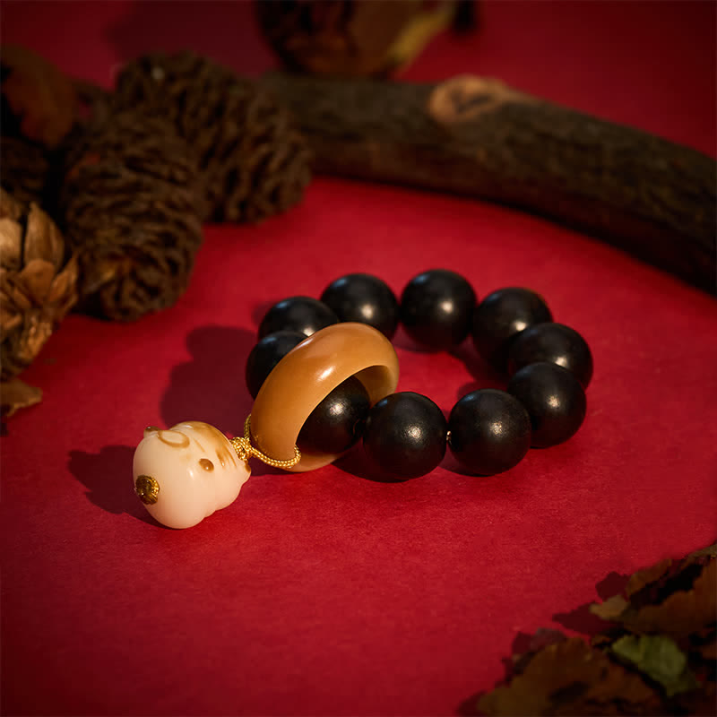 Nimara Ritual Ebony Wood Charcoal-Grilled Cat & Bear Balance Tactile Meditation Beads Decorations