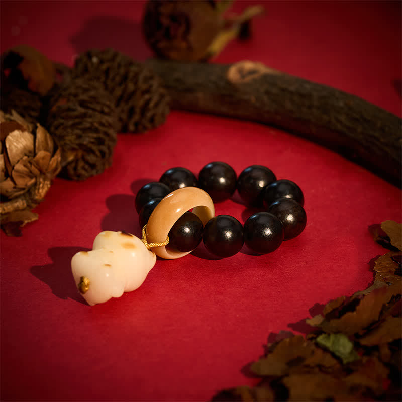 Nimara Ritual Ebony Wood Charcoal-Grilled Cat & Bear Balance Tactile Meditation Beads Decorations
