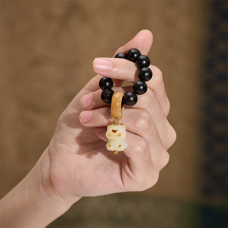 Nimara Ritual Ebony Wood Charcoal-Grilled Cat & Bear Balance Tactile Meditation Beads Decorations