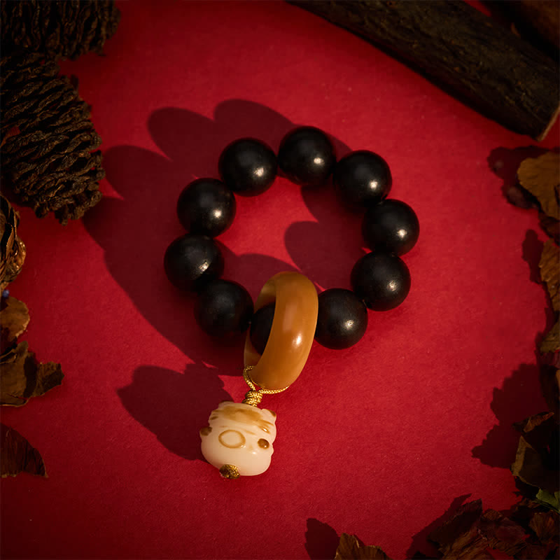 Nimara Ritual Ebony Wood Charcoal-Grilled Cat & Bear Balance Tactile Meditation Beads Decorations