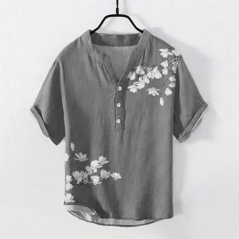 Nimara Ritual Cotton White Floral Branch Pattern Men's Short Sleeve Half Button Shirt