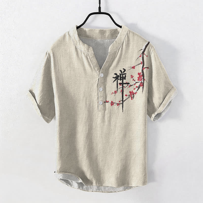 Nimara Ritual Cotton Cherry Blossom Calligraphy Zen Pattern Men's Short Sleeve Half Button Shirt
