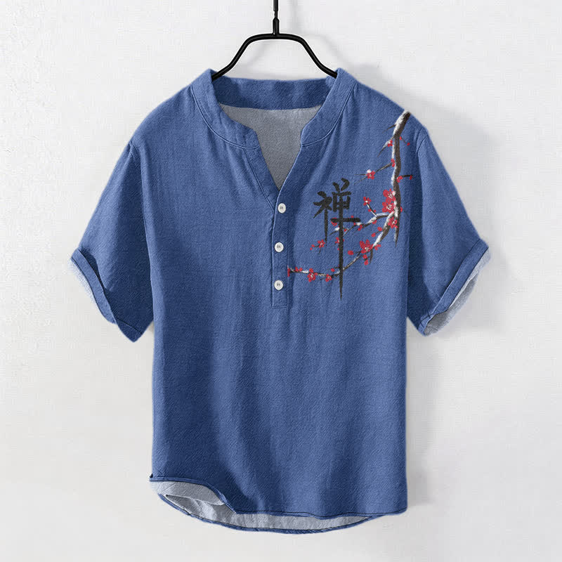 Nimara Ritual Cotton Cherry Blossom Calligraphy Zen Pattern Men's Short Sleeve Half Button Shirt