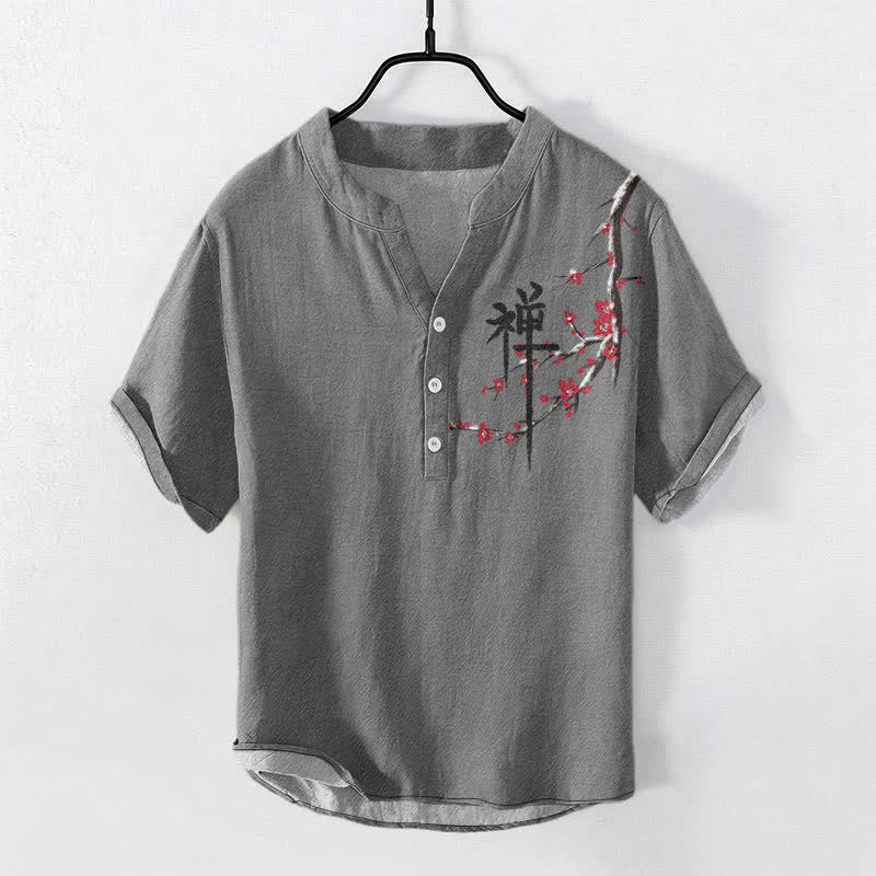Nimara Ritual Cotton Cherry Blossom Calligraphy Zen Pattern Men's Short Sleeve Half Button Shirt