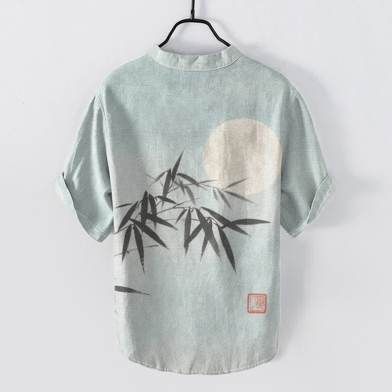 Nimara Ritual Cotton Bamboo Leaf Ink Moon Pattern Men's Short Sleeve Half Button Shirt