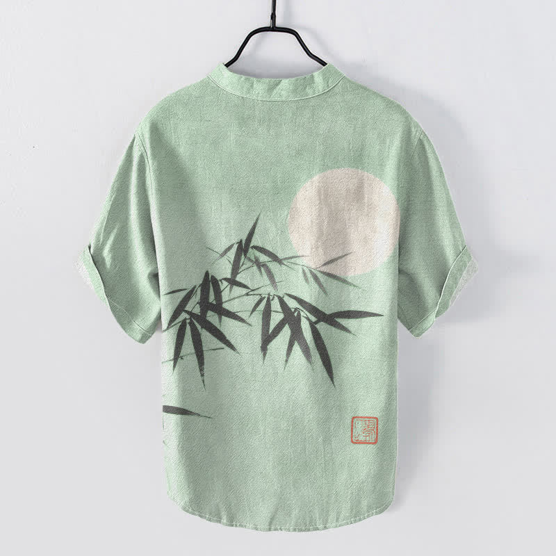 Nimara Ritual Cotton Bamboo Leaf Ink Moon Pattern Men's Short Sleeve Half Button Shirt