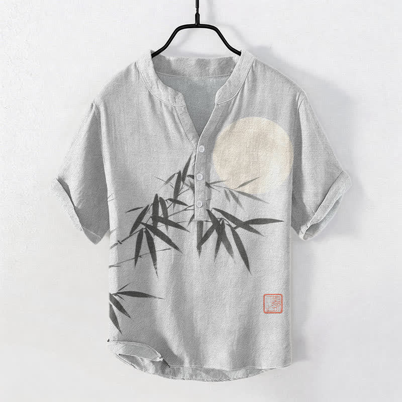 Nimara Ritual Cotton Bamboo Leaf Ink Moon Pattern Men's Short Sleeve Half Button Shirt