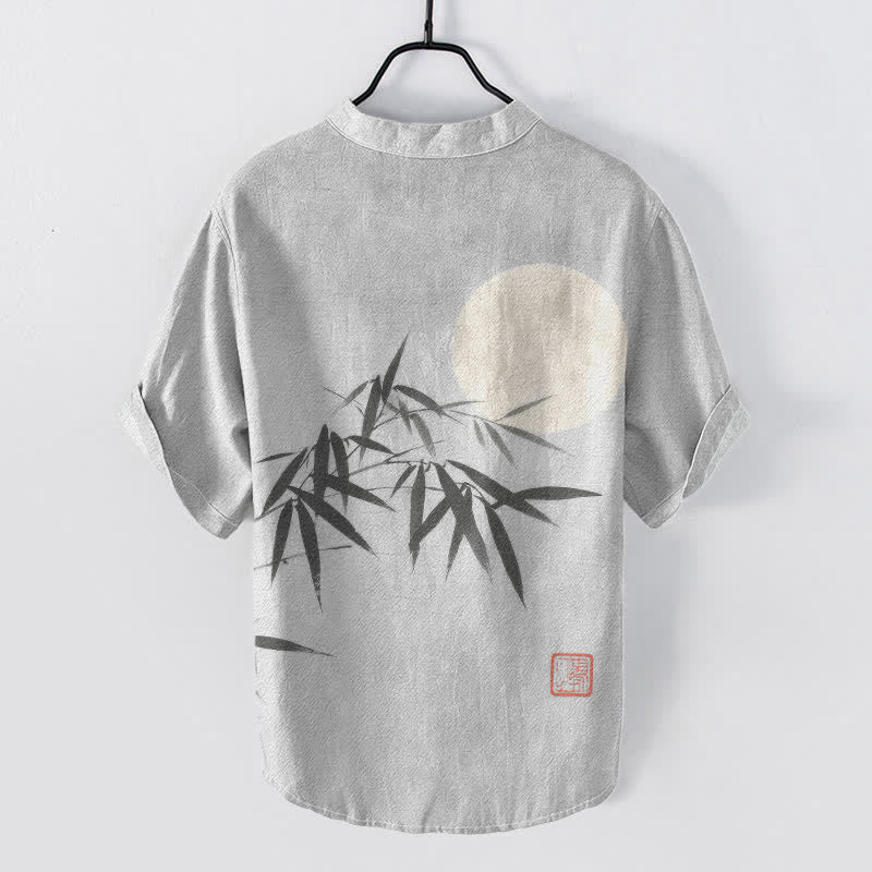 Nimara Ritual Cotton Bamboo Leaf Ink Moon Pattern Men's Short Sleeve Half Button Shirt