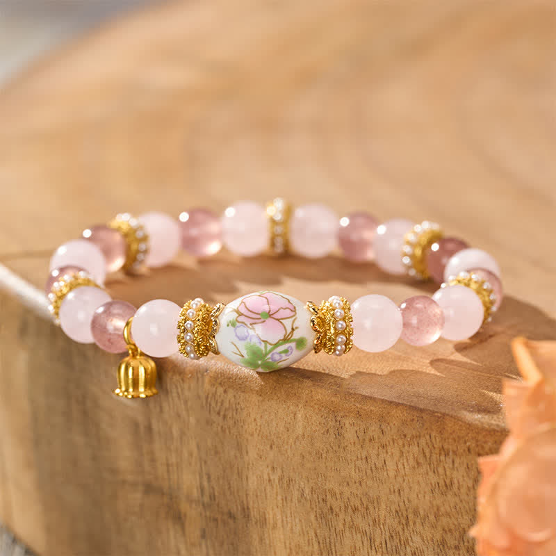 Nimara Ritual Natural Strawberry Quartz Rose Quartz Ceramic Barrel Bead Lotus Pendant Clarity Round Bead Bracelet