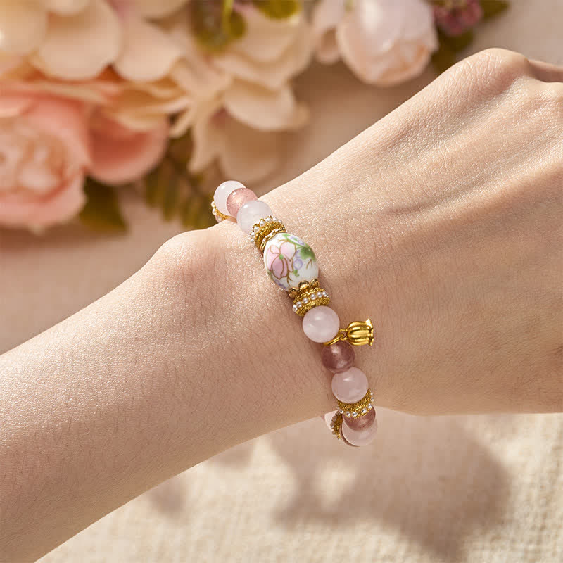 Nimara Ritual Natural Strawberry Quartz Rose Quartz Ceramic Barrel Bead Lotus Pendant Clarity Round Bead Bracelet