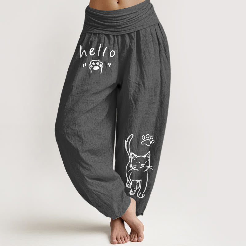 Nimara Ritual Pure Cotton Hello Cat Paw Pattern Women's Elastic Waist Harem Pants