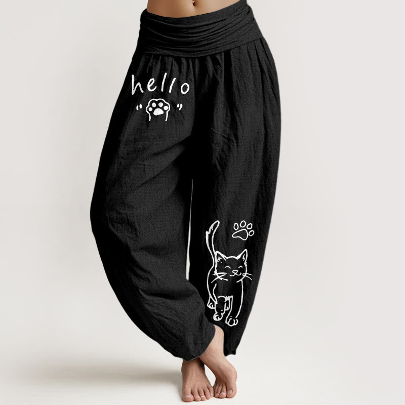 Nimara Ritual Pure Cotton Hello Cat Paw Pattern Women's Elastic Waist Harem Pants