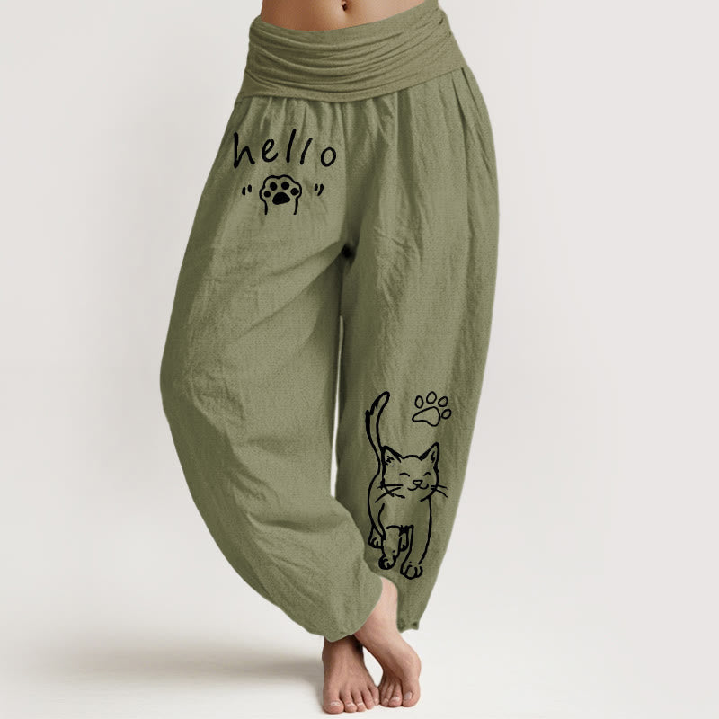 Nimara Ritual Pure Cotton Hello Cat Paw Pattern Women's Elastic Waist Harem Pants
