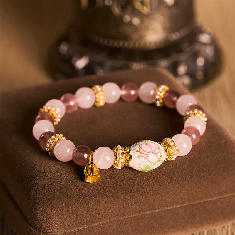 Nimara Ritual Natural Strawberry Quartz Rose Quartz Ceramic Barrel Bead Lotus Pendant Clarity Round Bead Bracelet