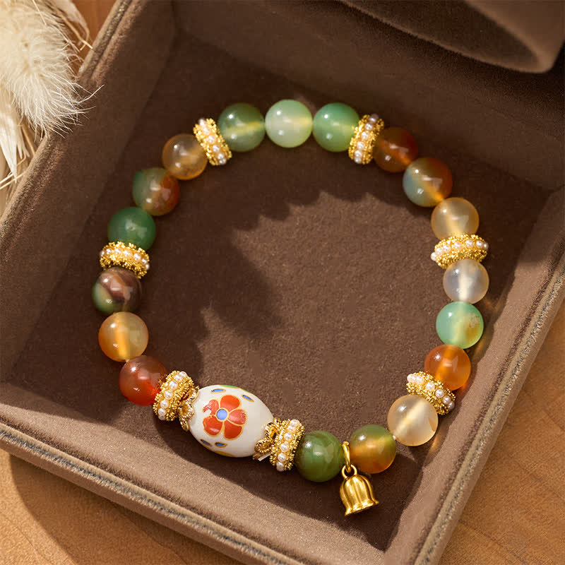 Nimara Ritual Natural Peacock Agate Ceramic Barrel Bead Lotus Pendant Confidence Round Bead Bracele