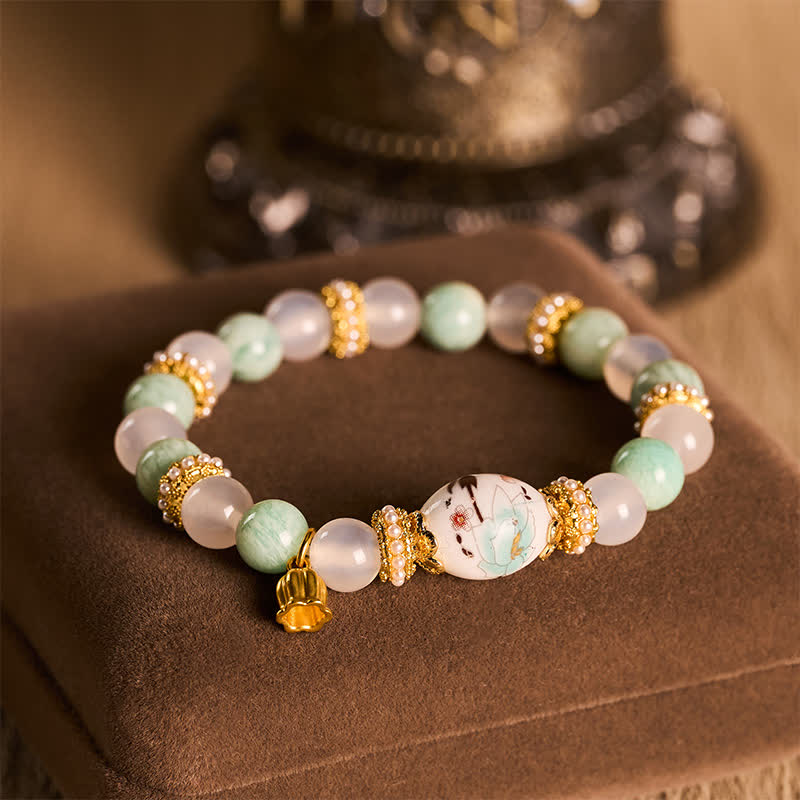 Nimara Ritual White Agate Amazonite Ceramic Barrel Bead Flower Pendant Purity Round Bead Bracelet