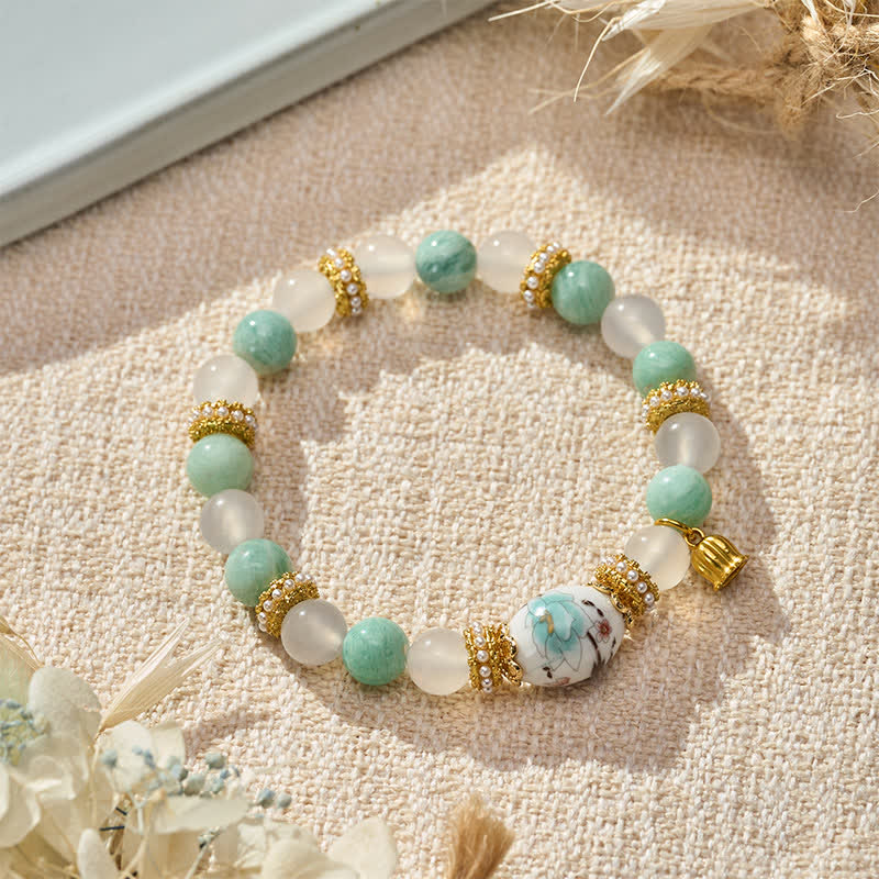 Nimara Ritual White Agate Amazonite Ceramic Barrel Bead Flower Pendant Purity Round Bead Bracelet