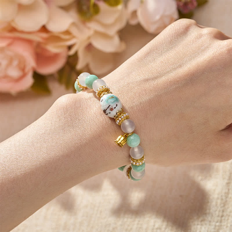 Nimara Ritual White Agate Amazonite Ceramic Barrel Bead Flower Pendant Purity Round Bead Bracelet