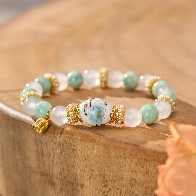 Nimara Ritual White Agate Amazonite Ceramic Barrel Bead Flower Pendant Purity Round Bead Bracelet