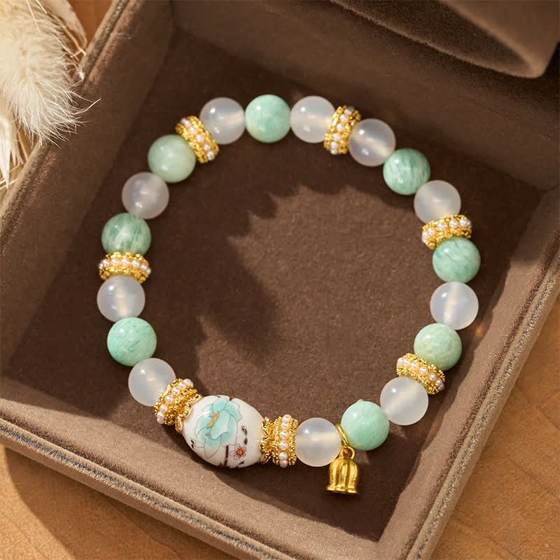 Nimara Ritual White Agate Amazonite Ceramic Barrel Bead Flower Pendant Purity Round Bead Bracelet