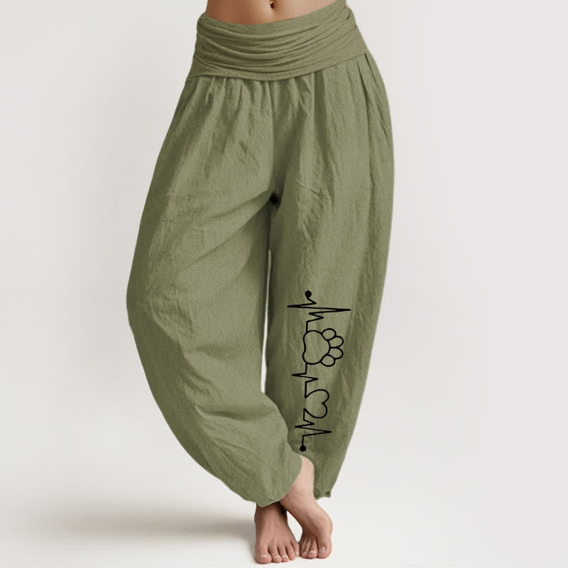 Nimara Ritual Pure Cotton Heartbeat Paw Print Pattern Women's Elastic Waist Harem Pants