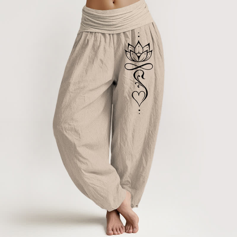 Nimara Ritual Pure Cotton White Lotus Line Art Pattern Women's Elastic Waist Harem Pants