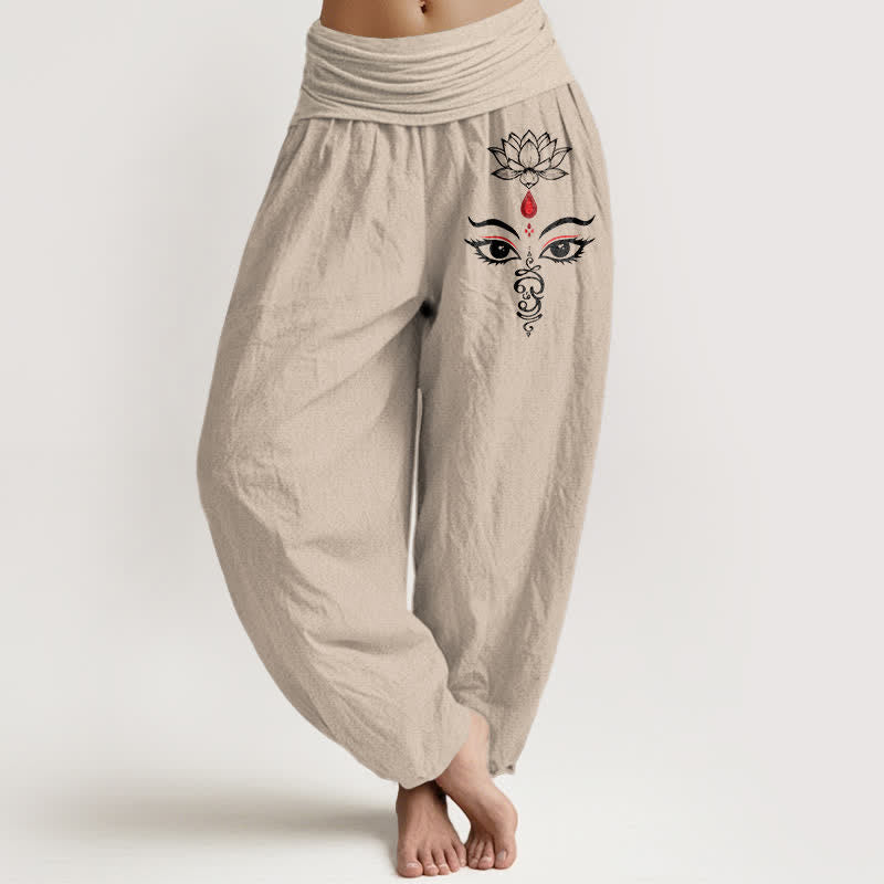 Nimara Ritual Pure Cotton White Lotus Eye Pattern Women's Elastic Waist Harem Pants