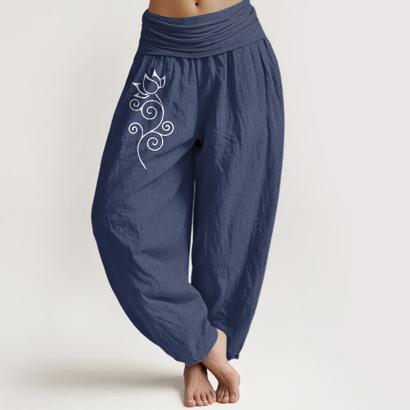 Nimara Ritual Pure Cotton White Lotus Floral Vine Pattern Women's Elastic Waist Harem Pants