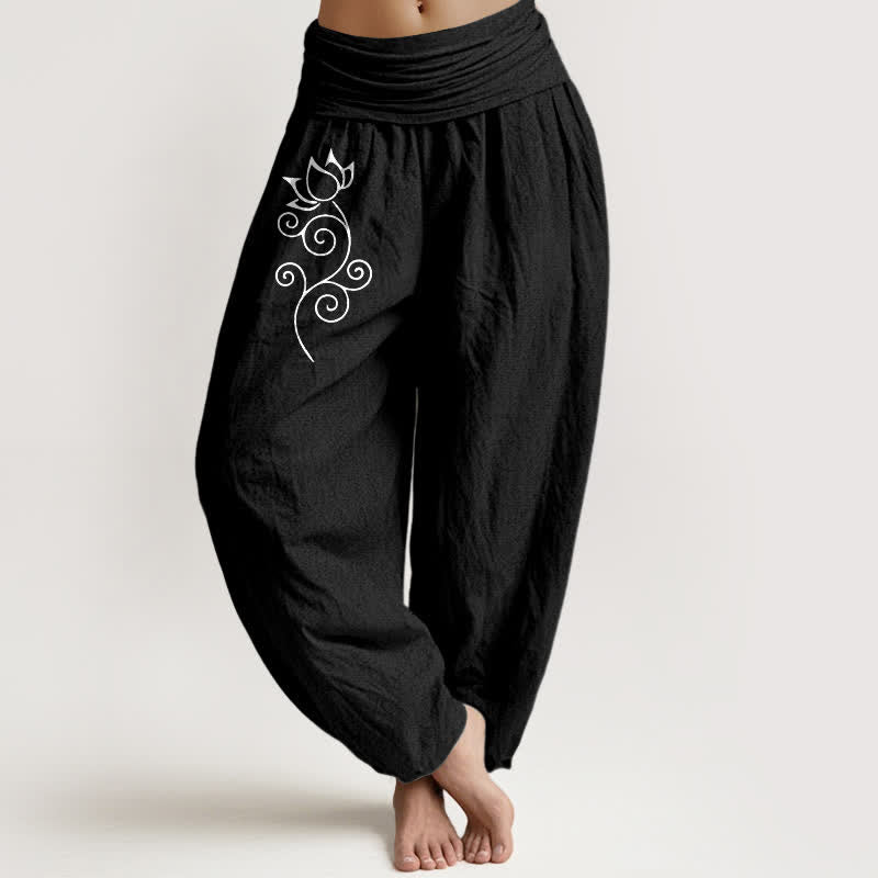 Nimara Ritual Pure Cotton White Lotus Floral Vine Pattern Women's Elastic Waist Harem Pants