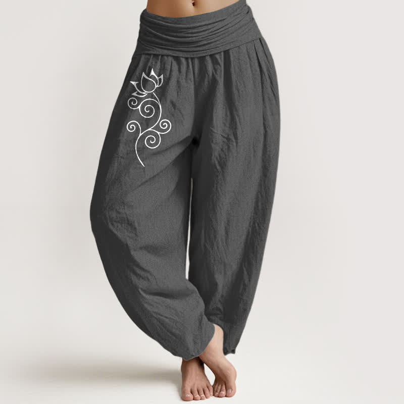 Nimara Ritual Pure Cotton White Lotus Floral Vine Pattern Women's Elastic Waist Harem Pants