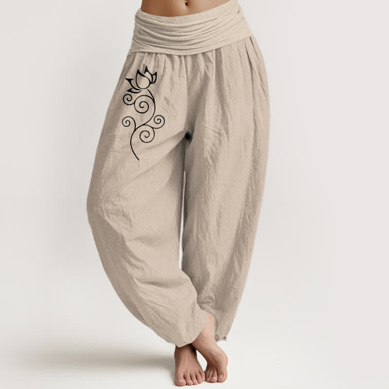 Nimara Ritual Pure Cotton White Lotus Floral Vine Pattern Women's Elastic Waist Harem Pants
