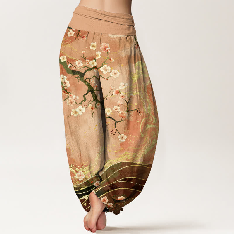 Nimara Ritual Pure Cotton Sakura Blossom Branch Pattern Women's Elastic Waist Harem Pants