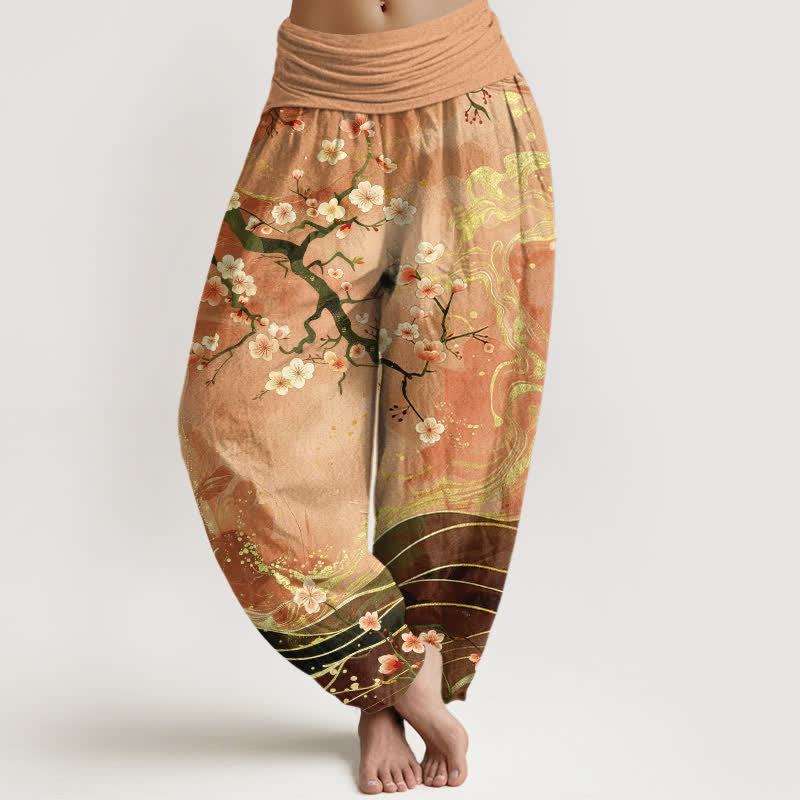Nimara Ritual Pure Cotton Sakura Blossom Branch Pattern Women's Elastic Waist Harem Pants