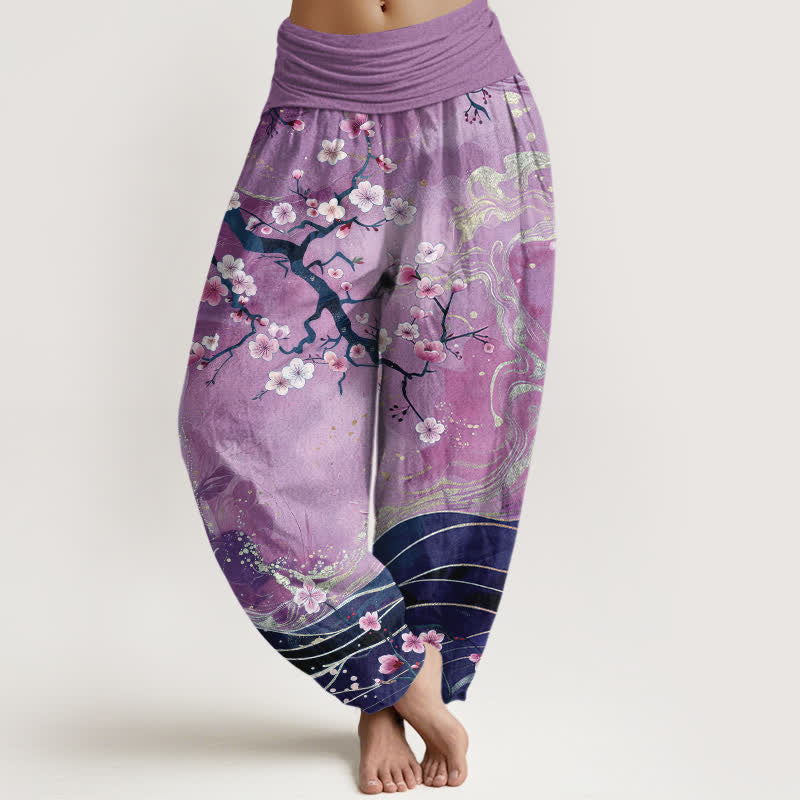 Nimara Ritual Pure Cotton Sakura Blossom Branch Pattern Women's Elastic Waist Harem Pants