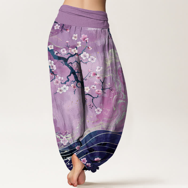 Nimara Ritual Pure Cotton Sakura Blossom Branch Pattern Women's Elastic Waist Harem Pants