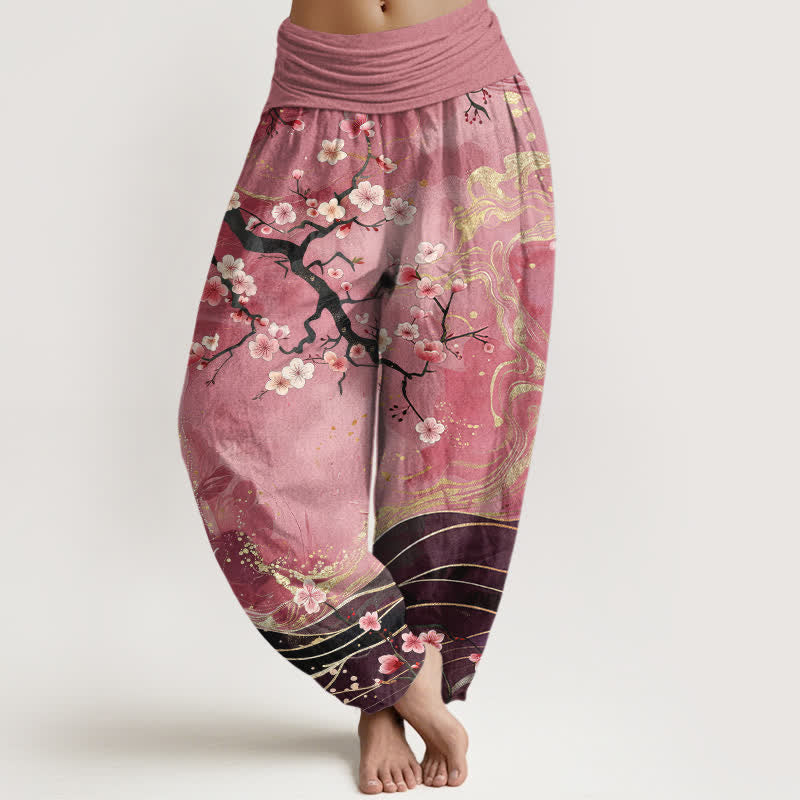 Nimara Ritual Pure Cotton Sakura Blossom Branch Pattern Women's Elastic Waist Harem Pants