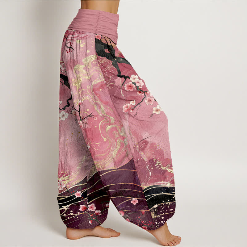 Nimara Ritual Pure Cotton Sakura Blossom Branch Pattern Women's Elastic Waist Harem Pants