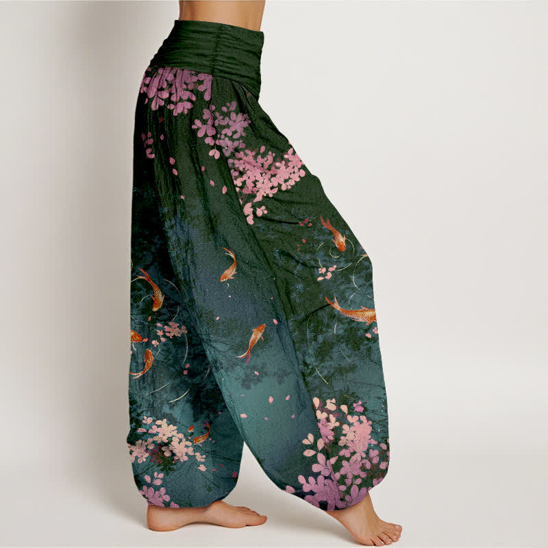 Nimara Ritual Pure Cotton Koi Fish Sakura Pattern Women's Elastic Waist Pants With Pockets