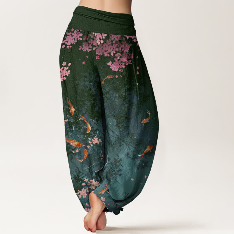 Nimara Ritual Pure Cotton Koi Fish Sakura Pattern Women's Elastic Waist Pants With Pockets
