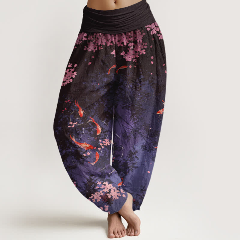 Nimara Ritual Pure Cotton Koi Fish Sakura Pattern Women's Elastic Waist Pants With Pockets